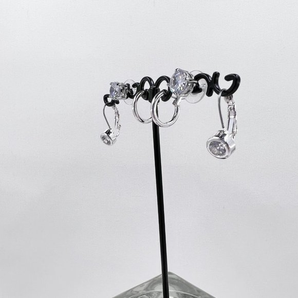 3 Pairs Shiny Silver Tone Post, Hinged Hoop, and Leaver Back Earrings - Picture 3 of 5